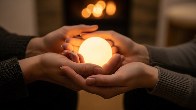 Two pairs of human hands tenderly cradle a luminous, glowing orb, symbolizing shared hope, warmth, and a bright future in a cozy, intimate setting by a fireplace