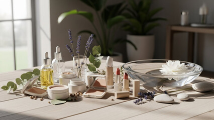 Spa Day Essentials - Serene Arrangement of Skincare Products and Natural Elements.