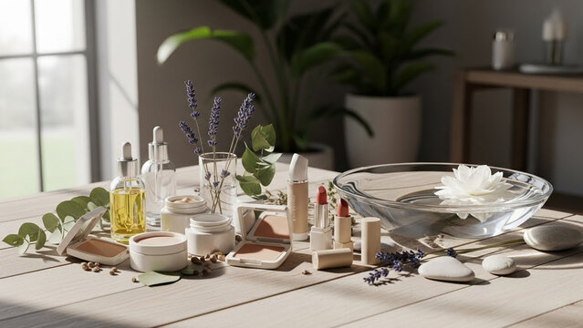 Spa Day Essentials - Serene Arrangement of Skincare Products and Natural Elements.