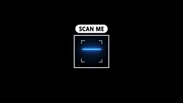 Scan me icon text with QR code concept. QR code scanner Barcode animation on black background. QR code mobile scanning access or verification systems.