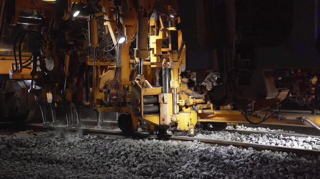 Close-up of a railway tamping machine working on track maintenance, compacting ballast and lifting the rails to correct alignment, restoring safe rail geometry at night