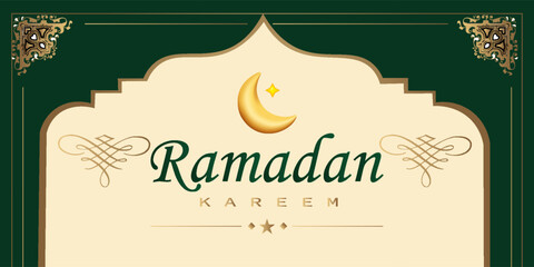 Fototapeta premium background for ramadan Islamic mosque with moon, stars, lanterns with a warn grreen and gold color. Ramadan kareem greeting banner template vector