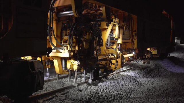 Railroad tamping machine in operation during track maintenance, vibrating tines into the ballast to stabilise sleepers and adjust rail alignment, ensuring safe train traffic