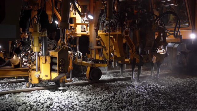 Railway tamping machine operating on a section of track, compacting crushed stone ballast beneath sleepers and correcting track geometry working at night