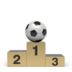 "Soccer Ball on Winners Podium &mdash; Gold 1st Place Pedestal with Football on Top, Sports Victory Concept on White Background"