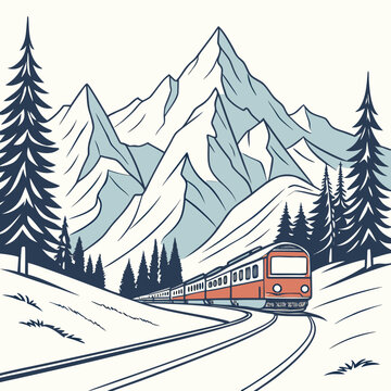 Orange train on tracks in front of snowy mountains and pine trees