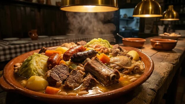 Cozido &agrave; Portuguesa, the traditional Portuguese stew, served in a rustic restaurant video