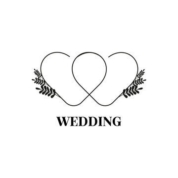 A linear icon of two hearts rotted together and plant branches. Designed in black and white