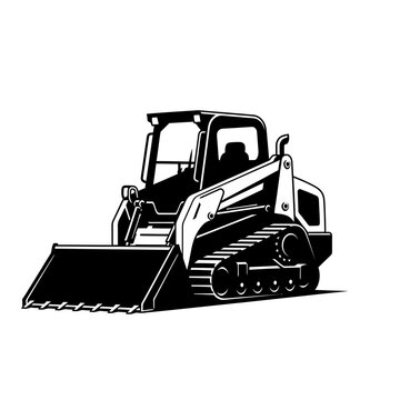 Compact tracked skid steer loader with front bucket, construction equipment, industrial vehicle.