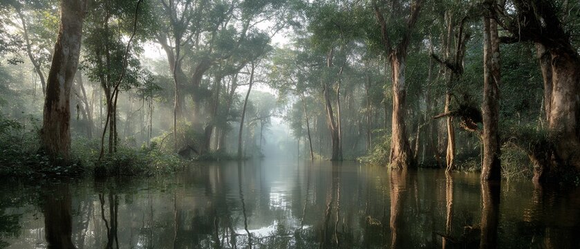 amazon rainforest flooded at dawn with reflections
