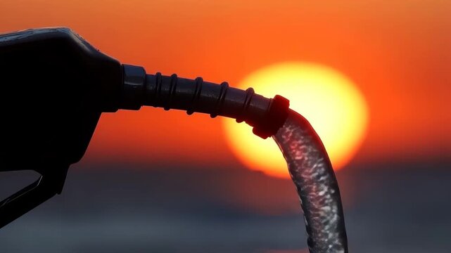 Fuel Nozzle Pumping Gasoline at Sunset
