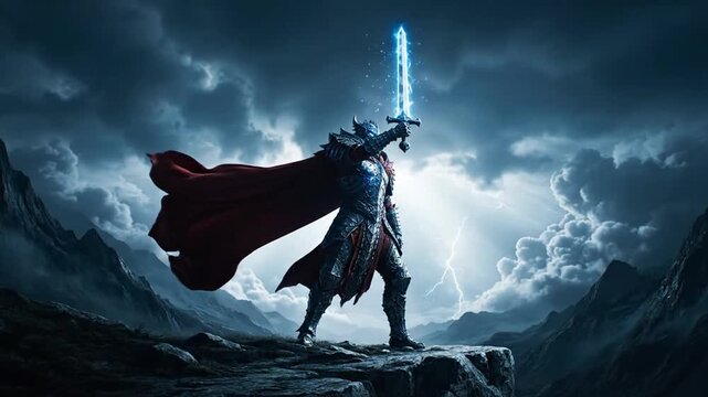 Warrior with Glowing Sword Standing on Cliff Edge in Stormy Weather