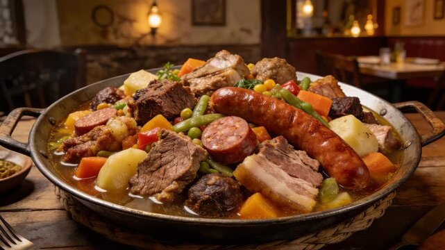 Cozido &agrave; Portuguesa traditional Portuguese stew served in a rustic restaurant video