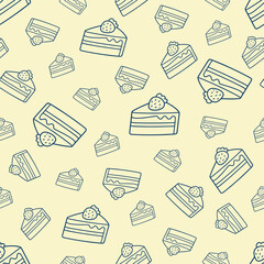 Vector seamless pattern with linear blue slices of strawberry cake on a yellow background