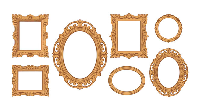 Vintage Picture Frames Set, wall art gallery borders in old antique style, baroque baguettes, retro historical museum decoration for paintings, flat vector illustrations isolated on white background, 