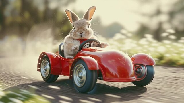  Easter bunny drives quickly to Easter in a retro red car. Video.