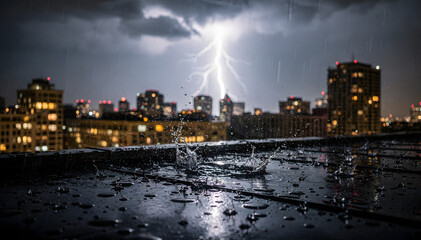 Cityscape bathed in dramatic lightning during a rainstorm, creating a powerful and captivating scene, suitable for weather, urban, and atmospheric themes
