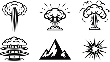 Fototapeta premium Explosion silhouettes set, mushroom cloud blast vector illustration isolated background collection nuclear explosion effect symbols