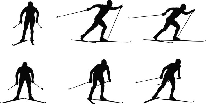 Cross country skiing athlete silhouettes, winter sport skier with poles vector illustration isolated background collection set