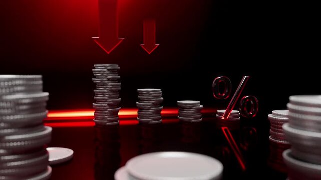 Falling Interest Rate and Financial Decline Concept with Coin Stacks and Down Arrows