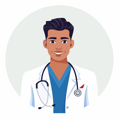 Fototapeta premium A smiling person in a white lab coat with a stethoscope around their neck is a professional working doctor