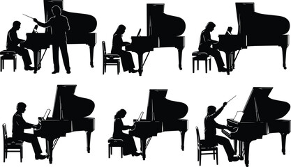 Pianist and conductor silhouettes performing grand piano classical music concert vector illustration isolated background collection set © World_Of_Vector