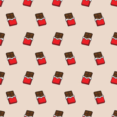 Vector seamless pattern with chocolate bars in red wrappers