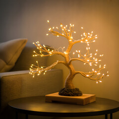 "Bonsai LED Tree Lamp on Wooden Table &mdash; Warm Fairy Light Bonsai in Moss-Filled Rectangular Planter, Cozy Living Room Accent Lighting"