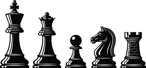 Black and White Illustrations of Chess Pieces King Queen Pawn Knight Rook Keywords: chess, game, strategy, board game, pieces © MDBENJIR