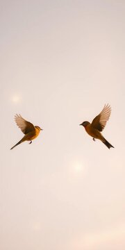 A celestial murmur of color, birds in gentle concert beneath a muted sky, their synchronized song an embodiment of serene delight,  vibrance,  music