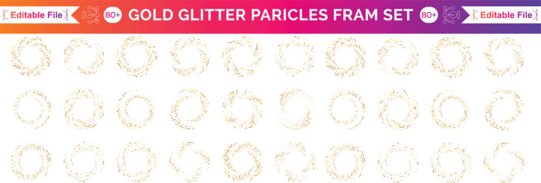 Gold circle glitter frame. Golden confetti dots round on white background. Bright texture pattern for Christmas celebration party, New Year card. Glow border. Abstract design. Vector illustration