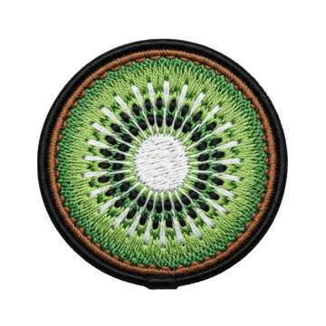 Extreme macro shot of a perfectly circular embroidered kiwi fruit patch with textured brown skin, vibrant green flesh, and tiny black seeds, isolated on white copy space, concept of textile art and
