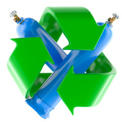 Gas cylinders with recycling symbol, reuse and safe disposal concept, 3D rendering