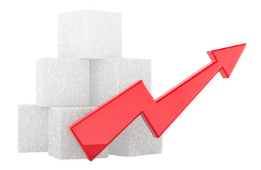 Sugar cubes with upward arrow price increase concept. 3D rendering
