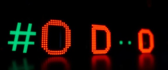 Abstract stylized code glyph, glowing neon effect on dark background, creative, technology