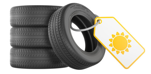Summer tires set with sun tag seasonal concept, 3D rendering