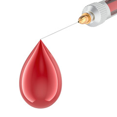 Syringe needle with blood drop. 3D rendering