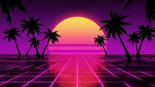 Retro 80s Synthwave Sunset with Glowing Neon Sun Seamless Loop