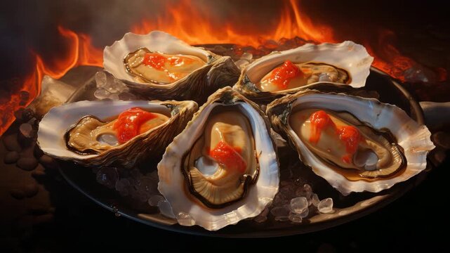 Grilled Oysters with Flame Background
