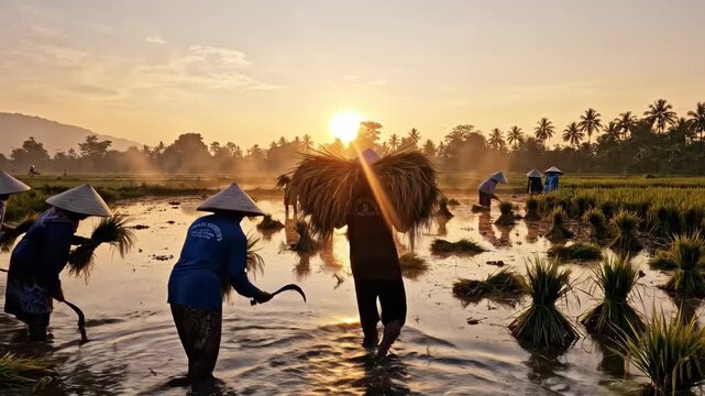 Farmers planting rice in a flooded paddy field at sunrise silhouetted against golden light
