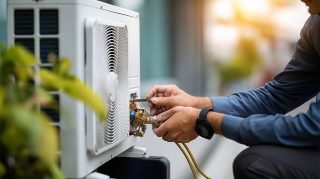 Hands working on air source heating unit engineer installing pump system on house exterior residential environment with energy efficiency shown clearly outdoor installation with