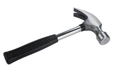 Steel hammer featuring a black grip angled on a white backdrop, spotlighted