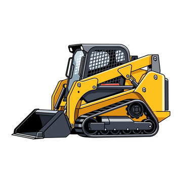 Yellow compact tracked skid steer loader with bucket on white background