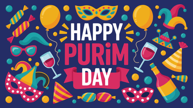 happy purim day festive banner with colorful carnival masks and party elements illustration, jewish holiday celebration poster template