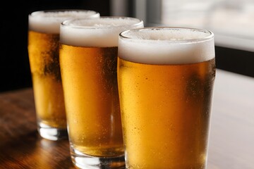 Three glasses of beer sitting on a table