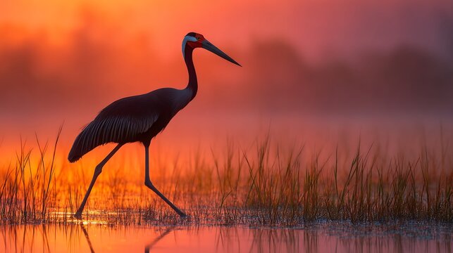 jabiru stork silhouette in pantanal sunrise light
