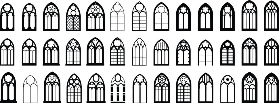 Collection of gothic arched window silhouettes showing ornate church architecture stained glass frames vintage cathedral designs vector illustration set for decorative use