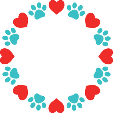 Heart and paw print wreath frame illustration for pet love animal care veterinary and cute design projects
