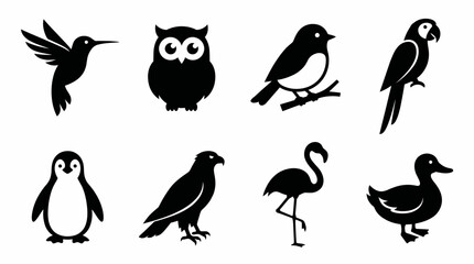 Fototapeta premium Bird Species Vector Icon Set Featuring Hummingbird, Owl, Magpie, Parrot, Penguin, Raven, Flamingo, and Duck for Wildlife, Education, and Graphic Design Use