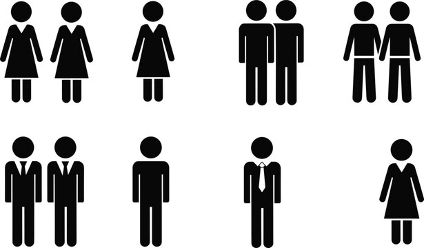 Collection of Black and White Stick Figure Icons Representing People stick figures human